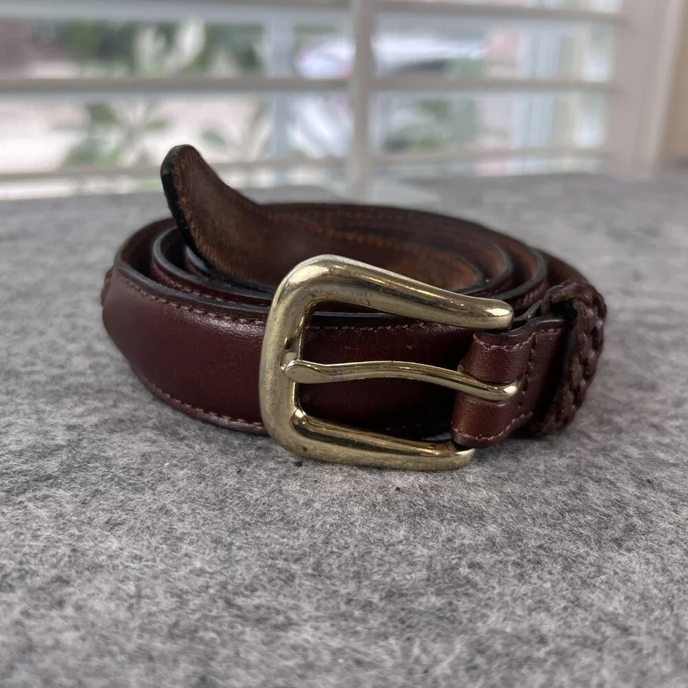 Vintage Mens 42 Belt Brown Leather Brass Buckle Braided Classic Sporty 90s